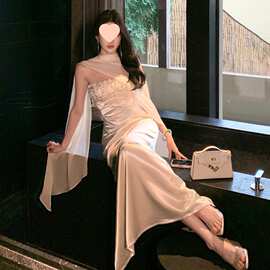 流光盛宴白色抹胸连衣裙女修身显瘦披肩亮片名媛礼服长裙图片色