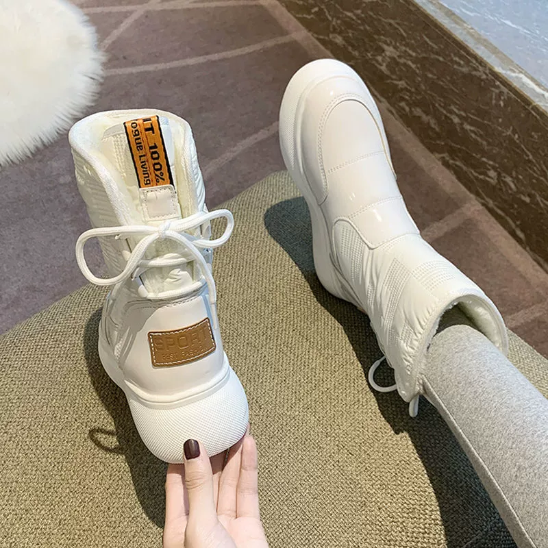 Fleece winter white boots, universal shoes platform, mid-length
