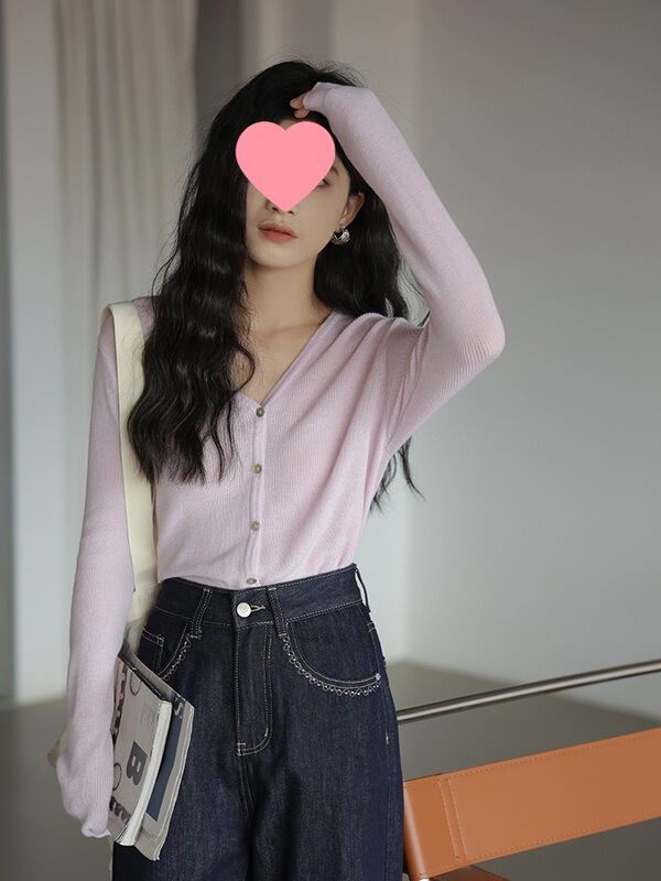 Miding Light Purple V Neck Knitted Cardigan Women's Autumn and Winter New Korean Design Loose Short Long-Sleeved Top