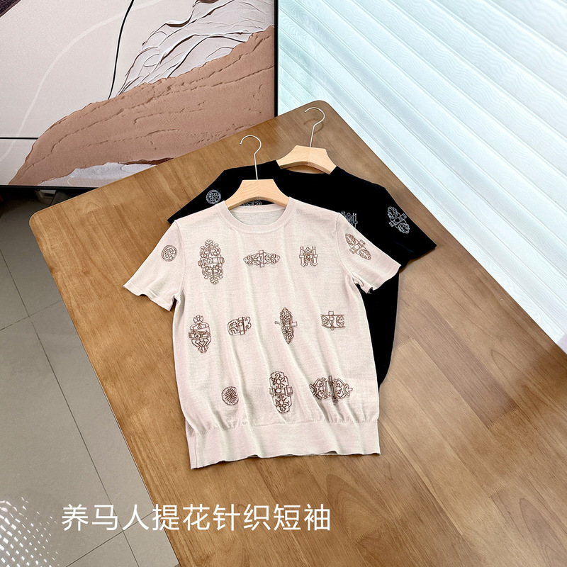 H Horseman 240-Count 100% Sheep Wool Jacquard Knit Short-Sleeve Women's Vintage Stylish Summer Round-Neck Top