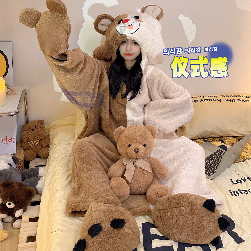 Peces feos pijamas de lana de coral de las mujeres Otoño e Invierno engrosada cálida franela con capucha camisón de invierno de longitud media homewear