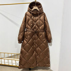 欧洲站外贸款连帽腰带菱格系腰带过漆长款侧开叉小金扣女外套