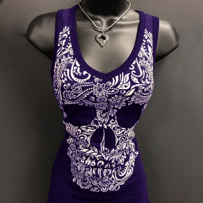 Europe and the United States cross-border large size vest foreign trade fashion sexy round neck skull printing sleeveless vest top women's clothing