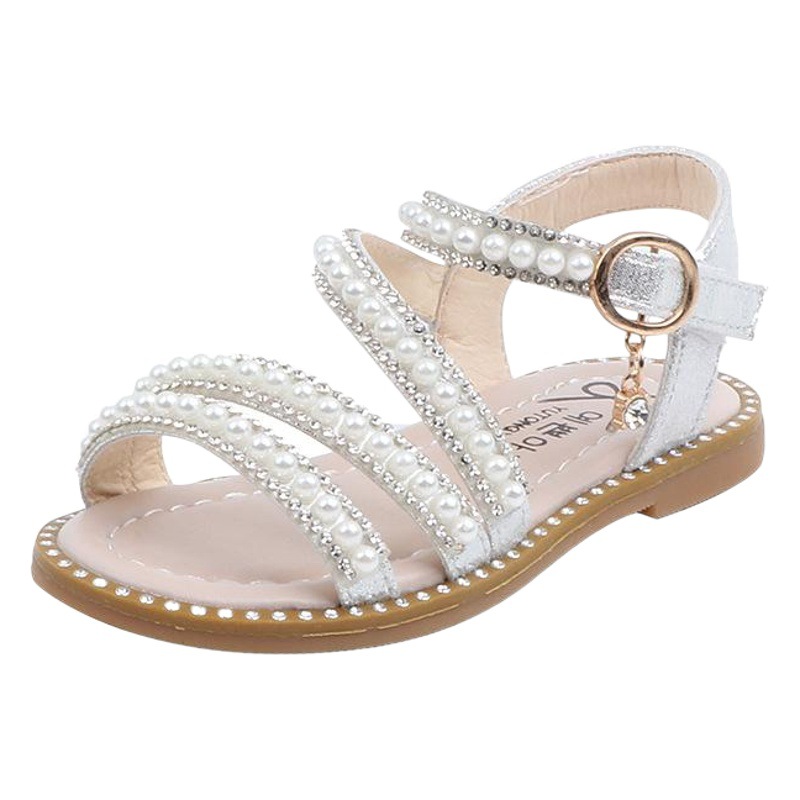 2026 Summer New Girls' Sandals Korean Style Little Girls' Pearl Open-Toe Princess Shoes for Small, Medium, and Large Children Performance Shoes
