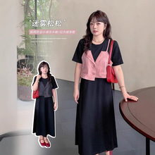 53059#胖女孩夏装加肥胖mm假两件连衣裙设计感撞色女裙显瘦裙子