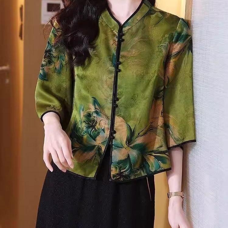 女性用の新しいスタイルの花柄トップス、2025年の新しい中国風のプリント春夏トップス、人気のママスーパーフェアリーハイエンドトップス|undefined