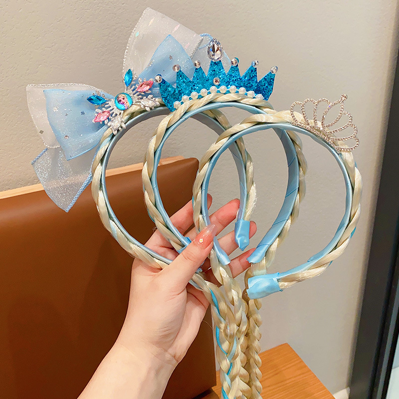 Children's Elsa Crown Wig Braids Headband Girls Frozen Headband Birthday Hairpin Elsa Princess Tiara