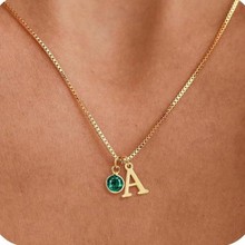 跨境新款女式首字母诞生石项链时尚 14K 镀金字母简约百搭锁骨链