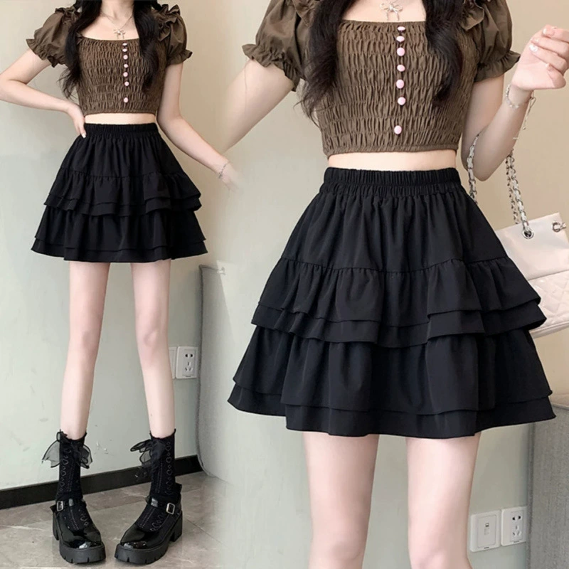 2025 балетный торт Юбка Женская новая летняя эластическая талия французская тонкая пушистая черная короткая юбка