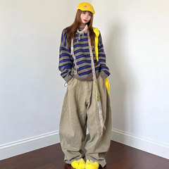 アメリカのレトロな構造の曲がり角の刀のズボンのゆったりしているストレートのカジュアルなズボンの女性の百合の高い街の広足のズボンの街頭の潮人