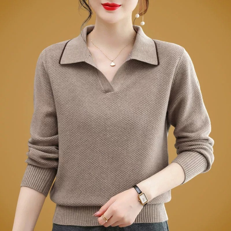 2025年女春秋新款妈妈装显瘦百搭翻领套头毛衣女宽松洋气针织打底|undefined