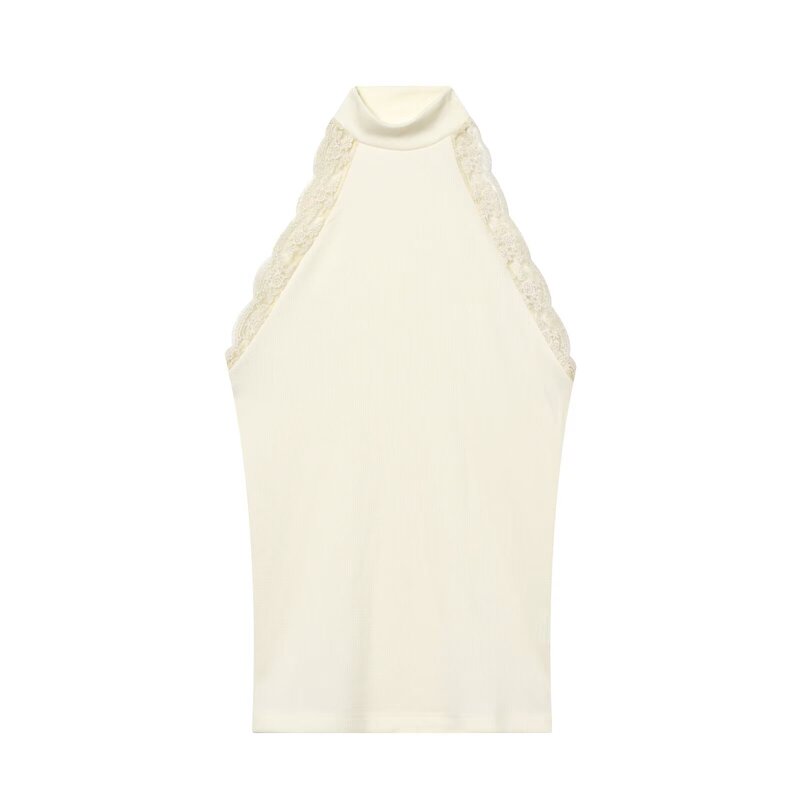 Foreign Trade Wholesale Spring New Style European and American Style Sleeveless Half-High Collar Lace Ribbed T-Shirt 5039003