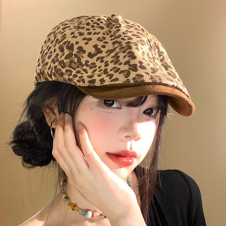 美式复古辣妹风豹纹前进帽大头围显脸小帽子女款春秋百搭贝雷帽潮|undefined