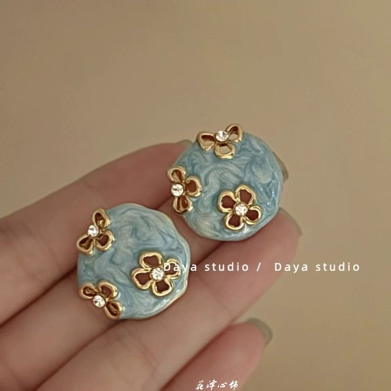 浮雕雾霾蓝  法式复古滴釉玫瑰花朵锆石耳环女轻奢高级感小众气质|undefined