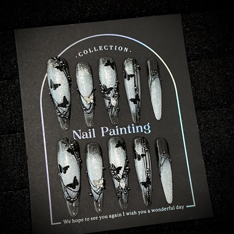 Purely Handmade Wearable Nails with a High-End Feel, Silver-Gray Cat-Eye Nail Art Pieces, European and American Hand-Painted Black Butterfly Fake Nail Stickers