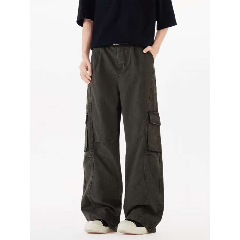 American-Style Heavyweight Pure Cotton Army Green Workwear Jeans for Men, Trendy Brand-Inspired Wide-Leg Versatile Straight Loose Casual Pants