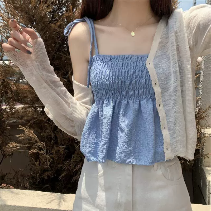 甜美海边小吊带背心女内搭2023夏季外穿显瘦短款蓝色抹胸上衣夏潮