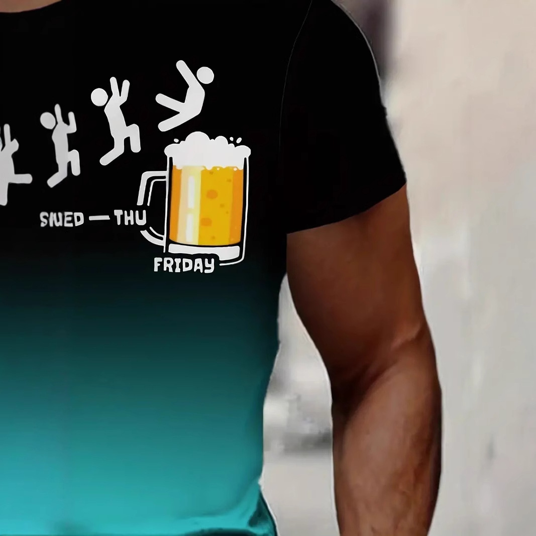 Fiesta de la cerveza color de fondo degradado impresión 3D hombre calle salvaje suelta transpirable manga corta cuello redondo camiseta en stock