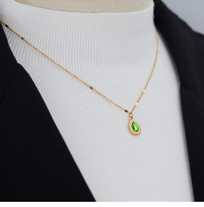 Retro Water Droplets Titanium Steel Plating Inlay Artificial Crystal Pendant Necklace 1 Piece