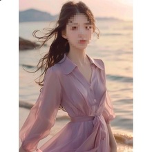 紫色衬衫连衣裙女夏季新款海边度假风气质名媛温柔绝美雪纺裙