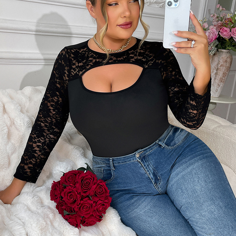 Nuevo tamaño apretado abdominal mono mono de encaje de estilo europeo y americano de manga larga mono mono de forma transfronteriza tamaño grande