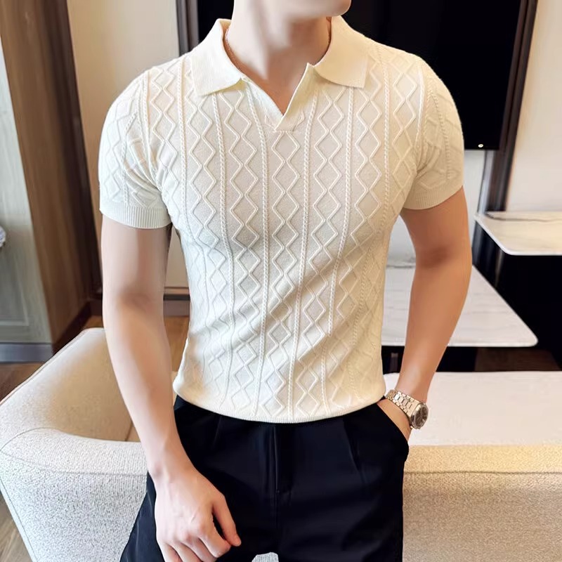 Verano nuevo estilo suéter de manga corta camisa POLO con textura para hombre solapa de negocios con cuello en V camiseta delgada comercio exterior al por mayor transfronterizo