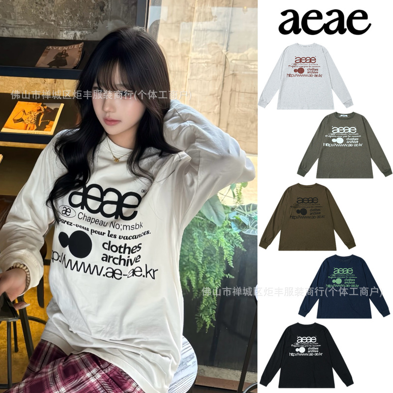 In-stock Korean aeae autumn new long-sleeve T-shirt for women, loose fit, round neck, letter print top, available for dropshipping, trendy