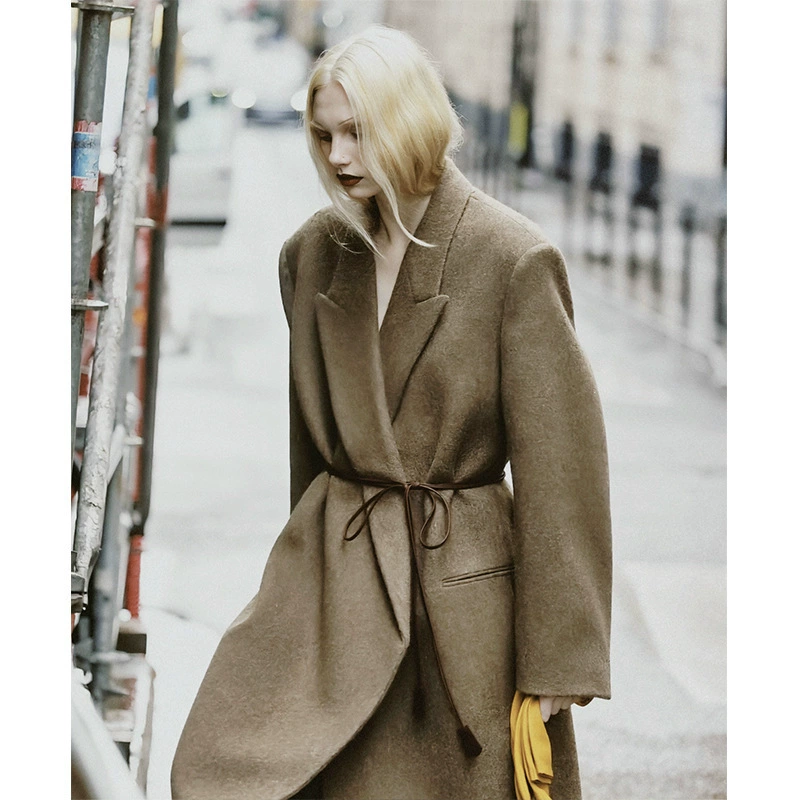 Woolen demi-season classic long minimalistic belt, woolen coat