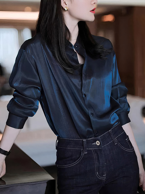 轻奢鎏金蓝zhen丝衬衣女小立领长袖设计感小众法式气质宽松衬衫上|undefined