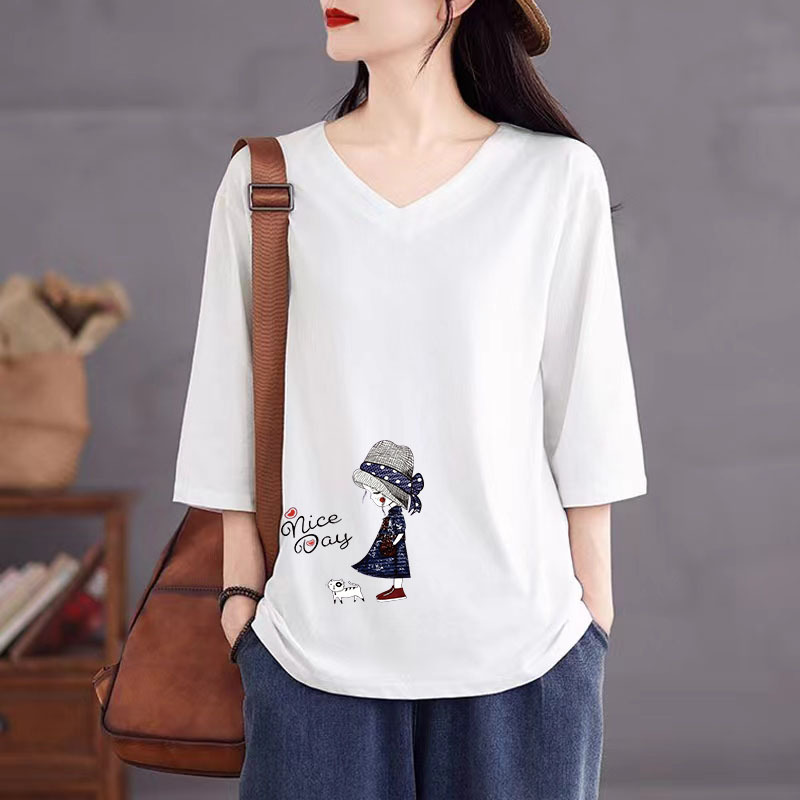 Brand Counter Discount Women's Clothing Withdrawal Cotton V-Neck Seven-Sleeve Printed Top Loose Casual plus size T-Shirt Brand Counter Discount Women's Clothing Withdrawal Cotton V-Neck Seven-Sleeve Printed Top Loose Casual plus size T-Shirt