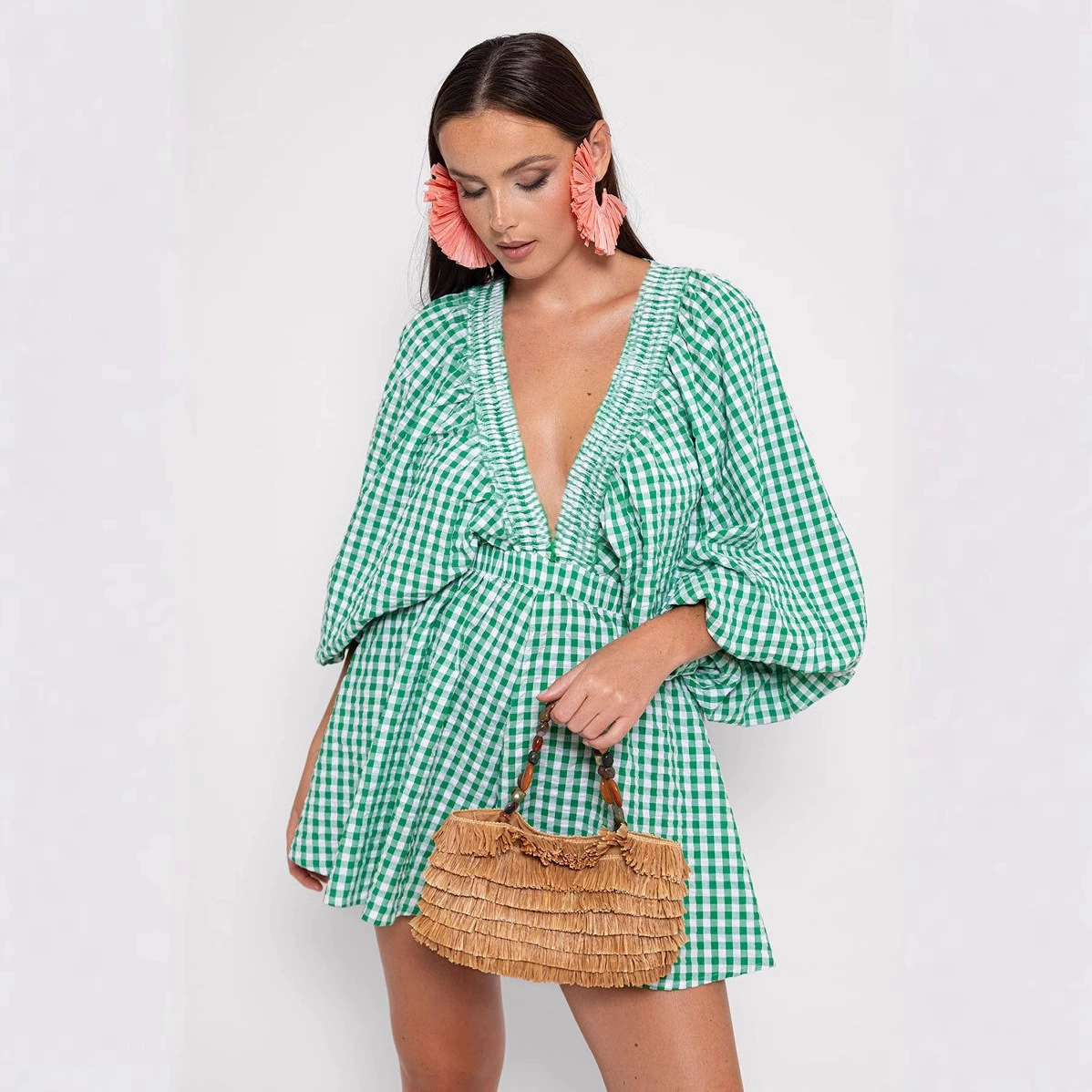 Новые европейские и американские Amazon AliExpress горячие распродажи свободные большие V с рукавами с высокой талией комбиненные шорты для женщин топ