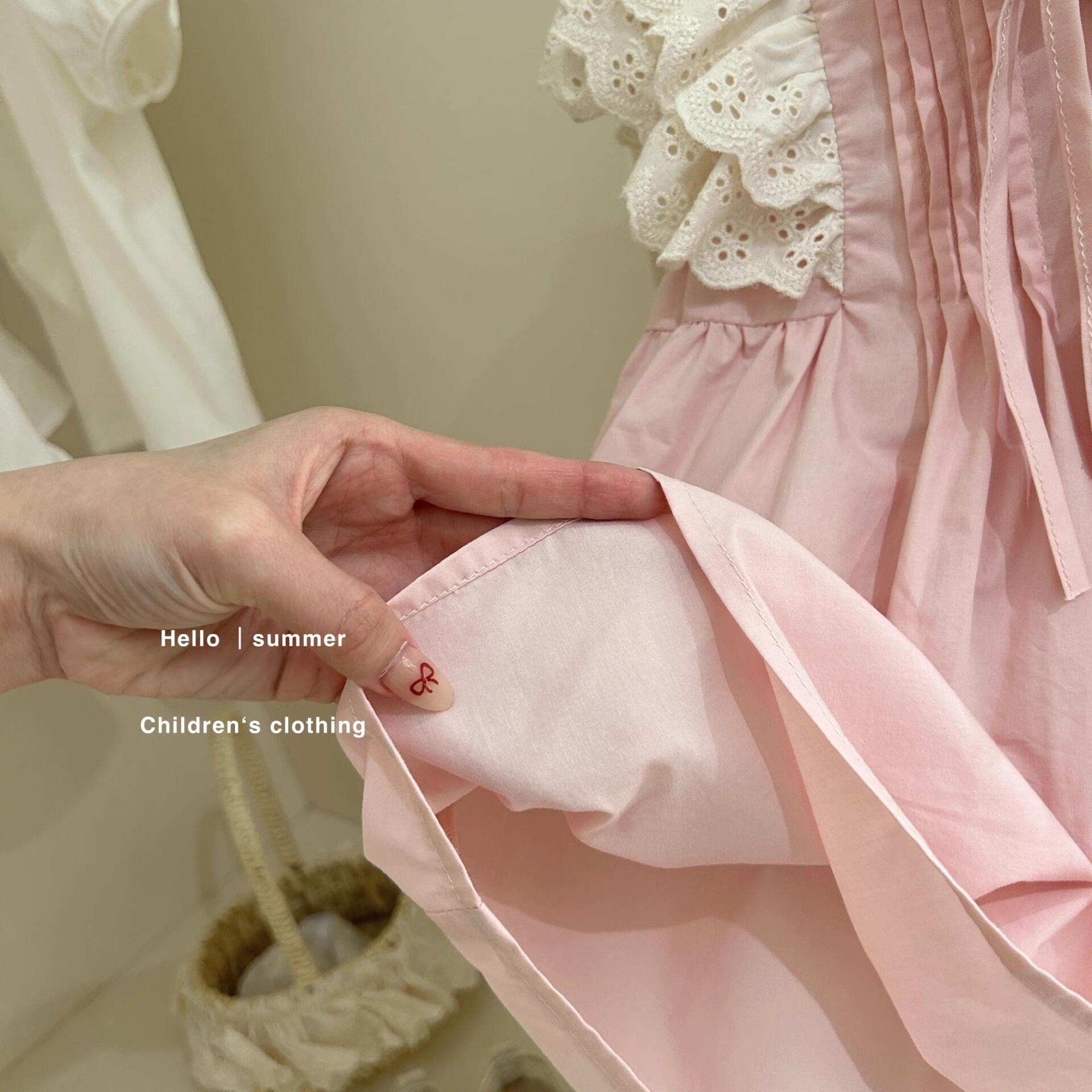 [Xianning Seven] 25 vestido de princesa de manga voladora hueca retro para niños de verano vestido rosa dulce falda de niña