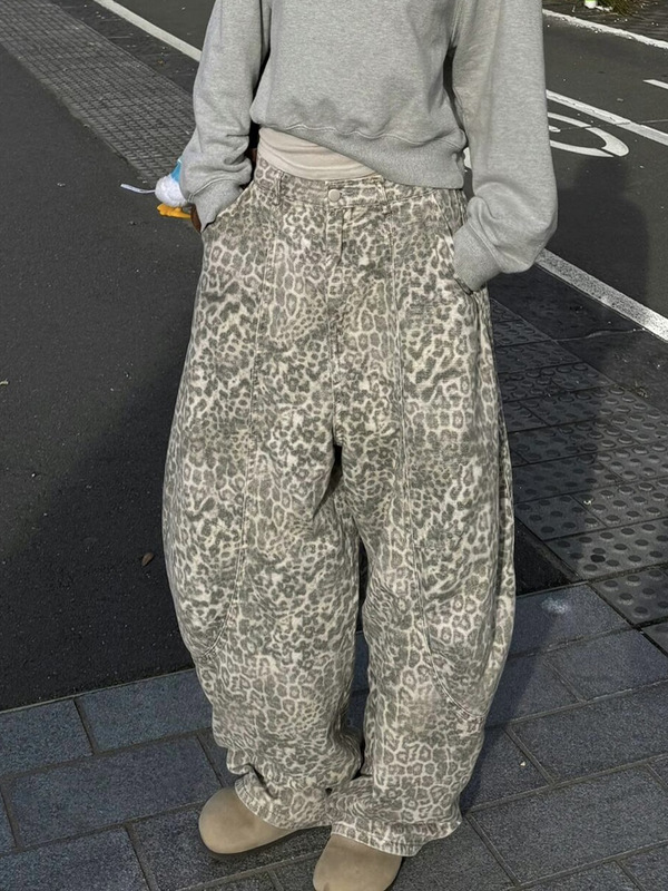 美式复古豹纹弯刀牛仔裤女2025秋季新款街头辣妹廓形宽松拖地长裤|undefined
