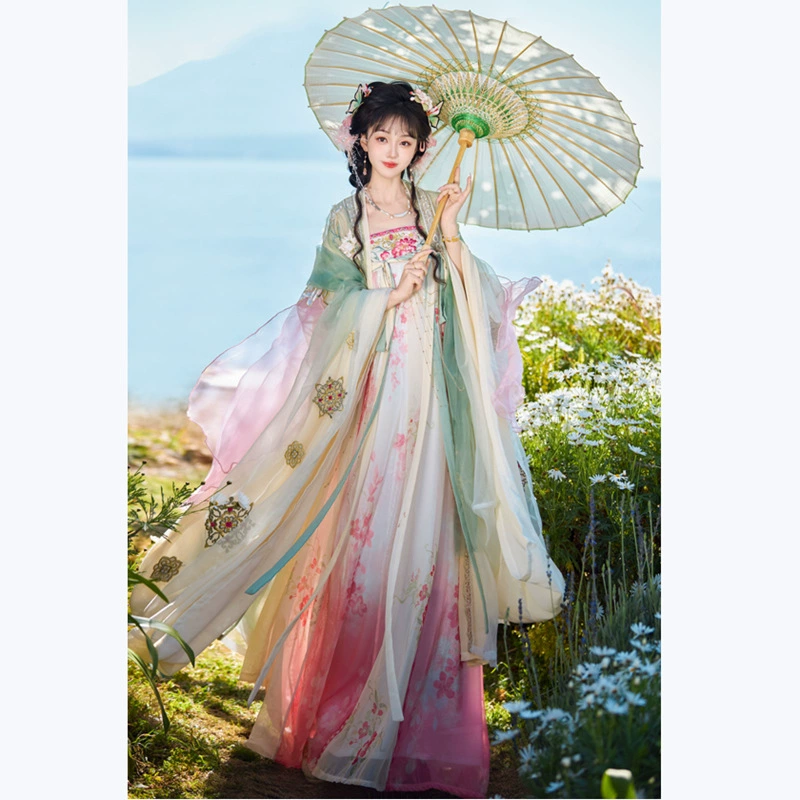 Ханфу (Hua Chaoji) «Spring Dawn» танский стиль, укороченная юбка, вышитая с широкими рукавами для женщин