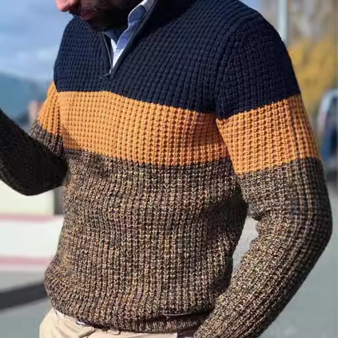 Colores de lujo de manga larga transfronteriza camiseta de punto casual de hombre caño invierno con cremallera suéter de hombre grande de cuello en V