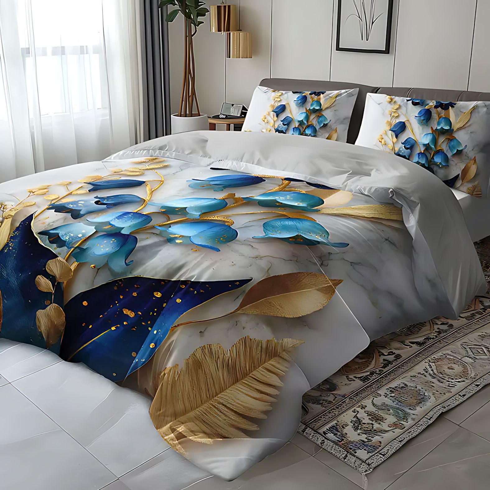 TEMU / JIT transfronterizo set de colcha azul planta floral diseño de impresión digital fuente de ropa de cama fabricantes