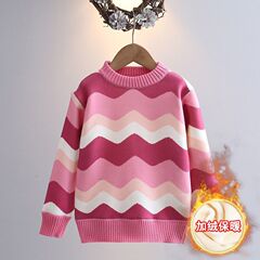 女の子の秋と冬スタイルのセーター 2025 新しい子供の多用途トップ波状ストライプのセーター厚くベルベット