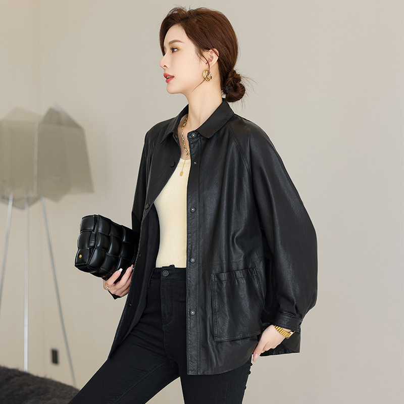 2024 Spring and Autumn New Haining Genuine Leather Top Layer Sheepskin Single Leather Jacket Thin Women's Mid-length Style