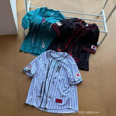 sup夏季新款日系风格百搭经典条纹刺绣印花棒球衣短袖t恤男女同款