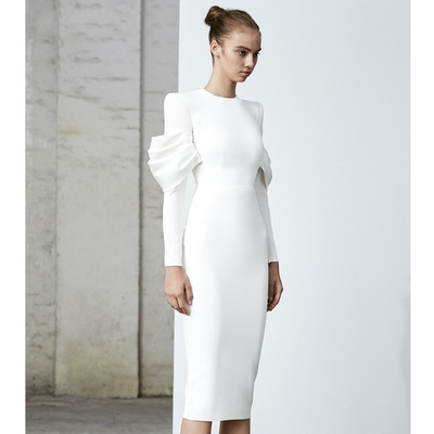 2022欧美新款女装气质针织长袖年会小礼服白色显瘦绷带连衣裙礼服