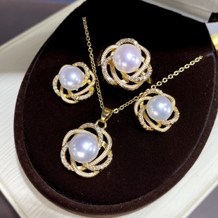 2025 New Freshwater Pearl suit Cross-border Light Luxury Retro Three-piece Set with Diamond Rotating Fashion Ring Earrings