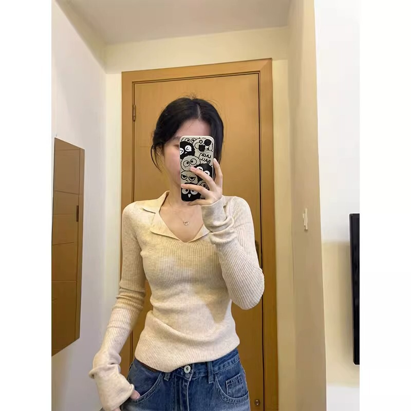 纯欲风辣妹POLO针织衫女早秋穿搭打底设计感小众修身显瘦别致上衣|undefined