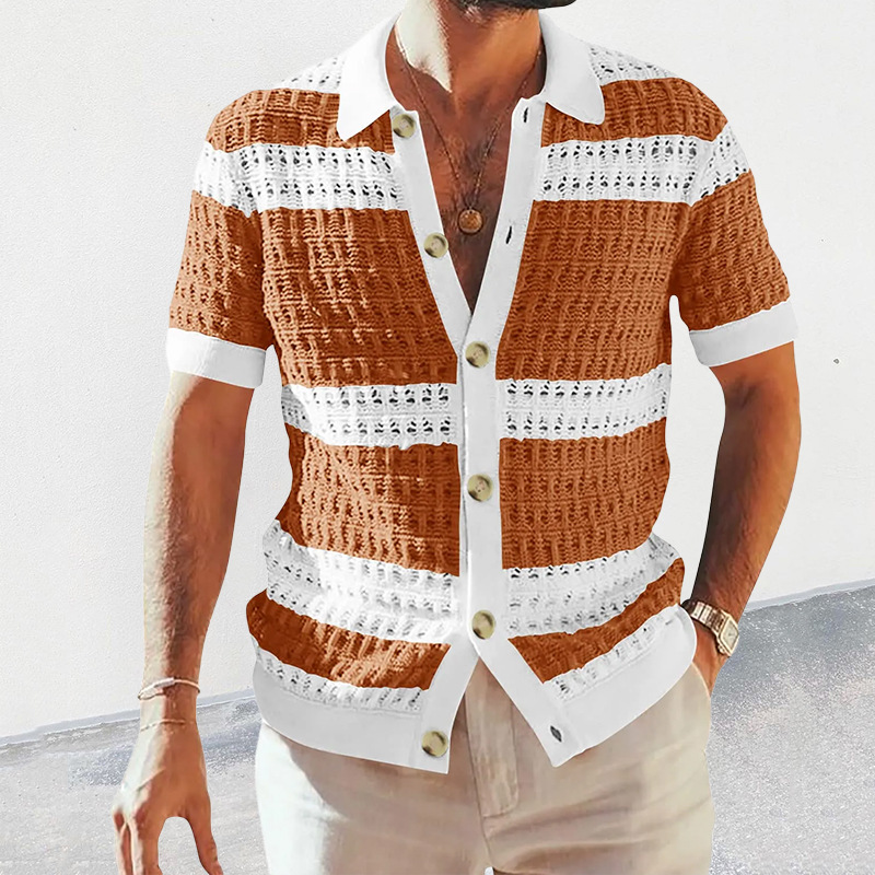 Men's Knit Shirt With Turn-down Collar And Color Block Design_voghion.com
