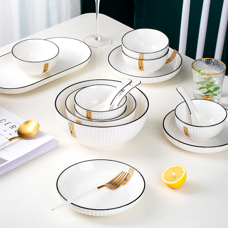 Simple vertical grain black line ceramic tableware set Bowl plate spoon chopsticks a generation of hair underglaze color bowl and dish set gift