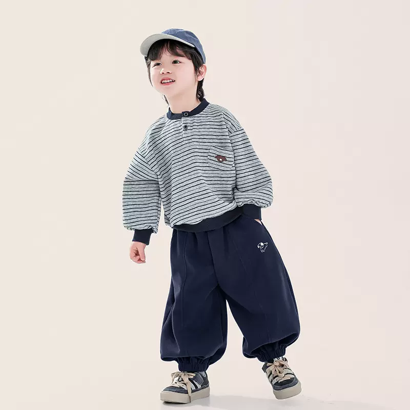 畅果服饰男童卫衣春装新款儿童春秋上衣中小童条纹亨利领套头衫