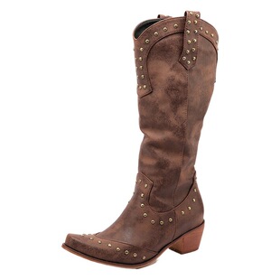 40-45 European and American Foreign Trade Cross-border Metal Rivet Square Head High Heel Women's High Boots Long Boots Western Cowboy Boots W874