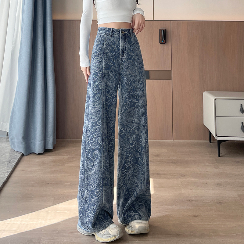 提花阔腿牛仔裤女2025秋季新款高腰垂感宽松显瘦梨形身材直筒裤子|undefined