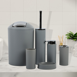 Solid Color Plastic Bathroom Six-piece Set Electroplated Lid Trash Can Lotion Bottle Home Hotel Toilet Toiletries