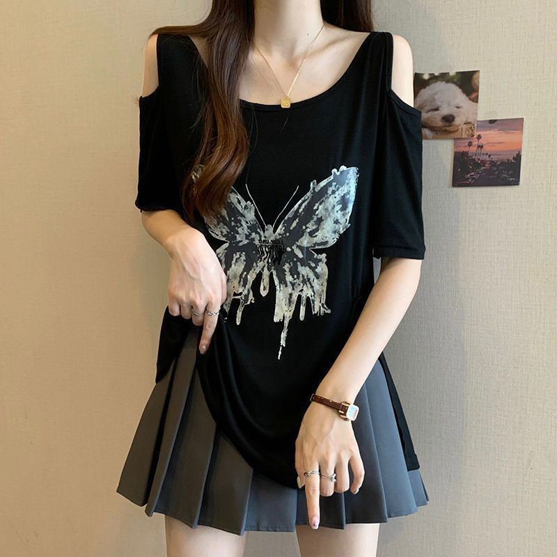 Camiseta de manga corta sin tirantes con estampado de mariposa de gran tamaño para mujer 2024 verano nuevo estilo suelto y delgado top de mm para mujer image 9