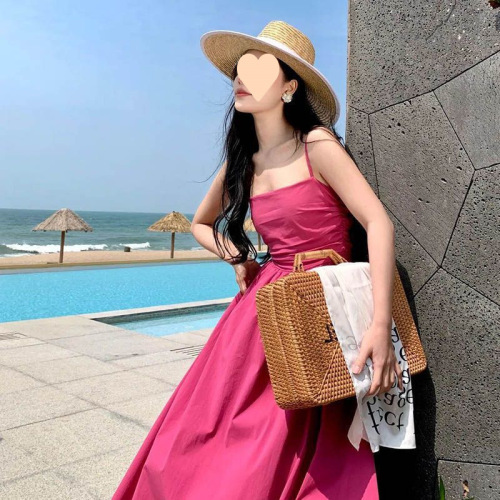 French vacation style pink satin strapless dress for women, summer high-end, waist-cinching, elegant, large swing long dress